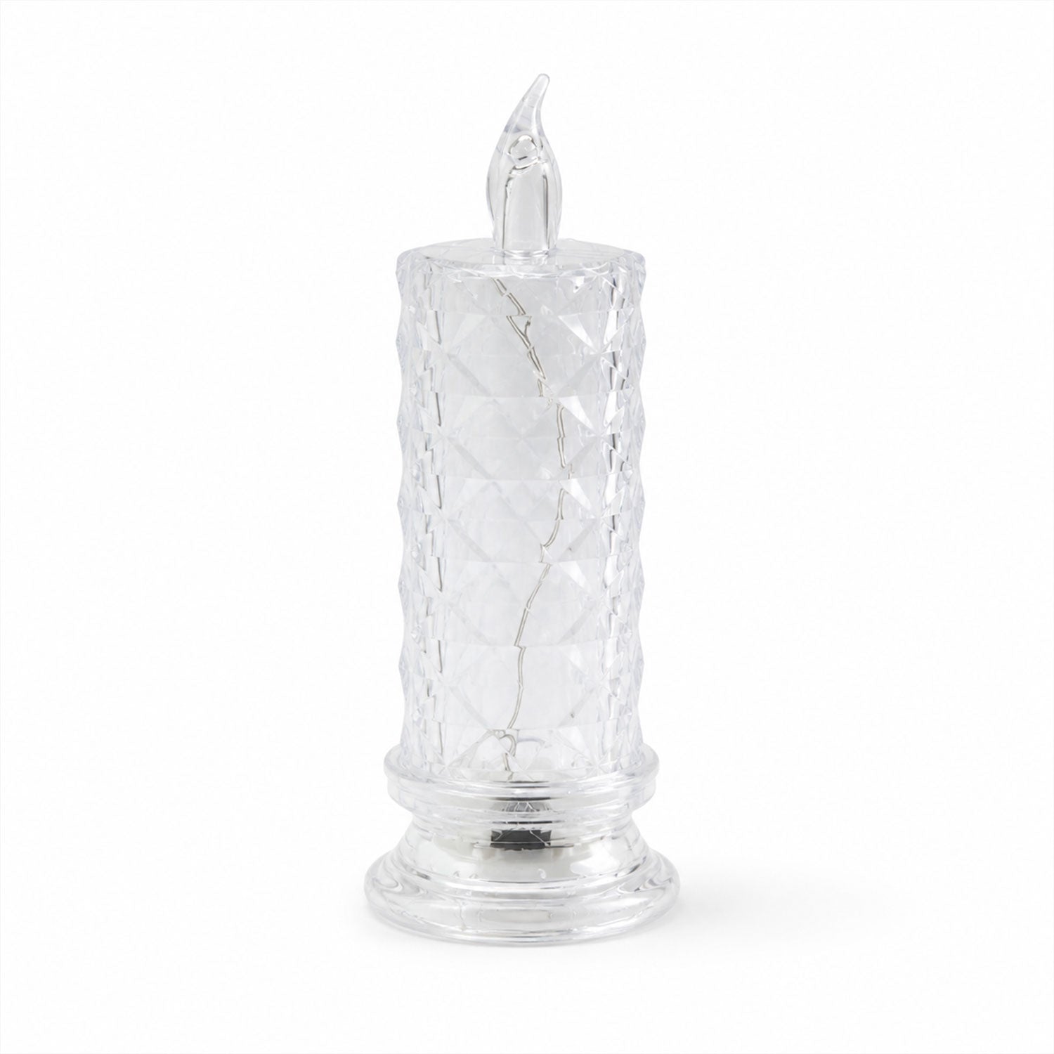 A clear, faceted crystal LED candle with a flame-shaped top, unlit, on a plain white background.