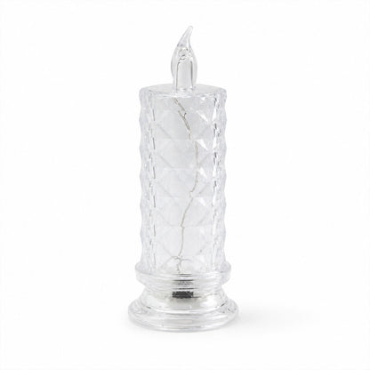 A clear, faceted crystal LED candle with a flame-shaped top, unlit, on a plain white background.