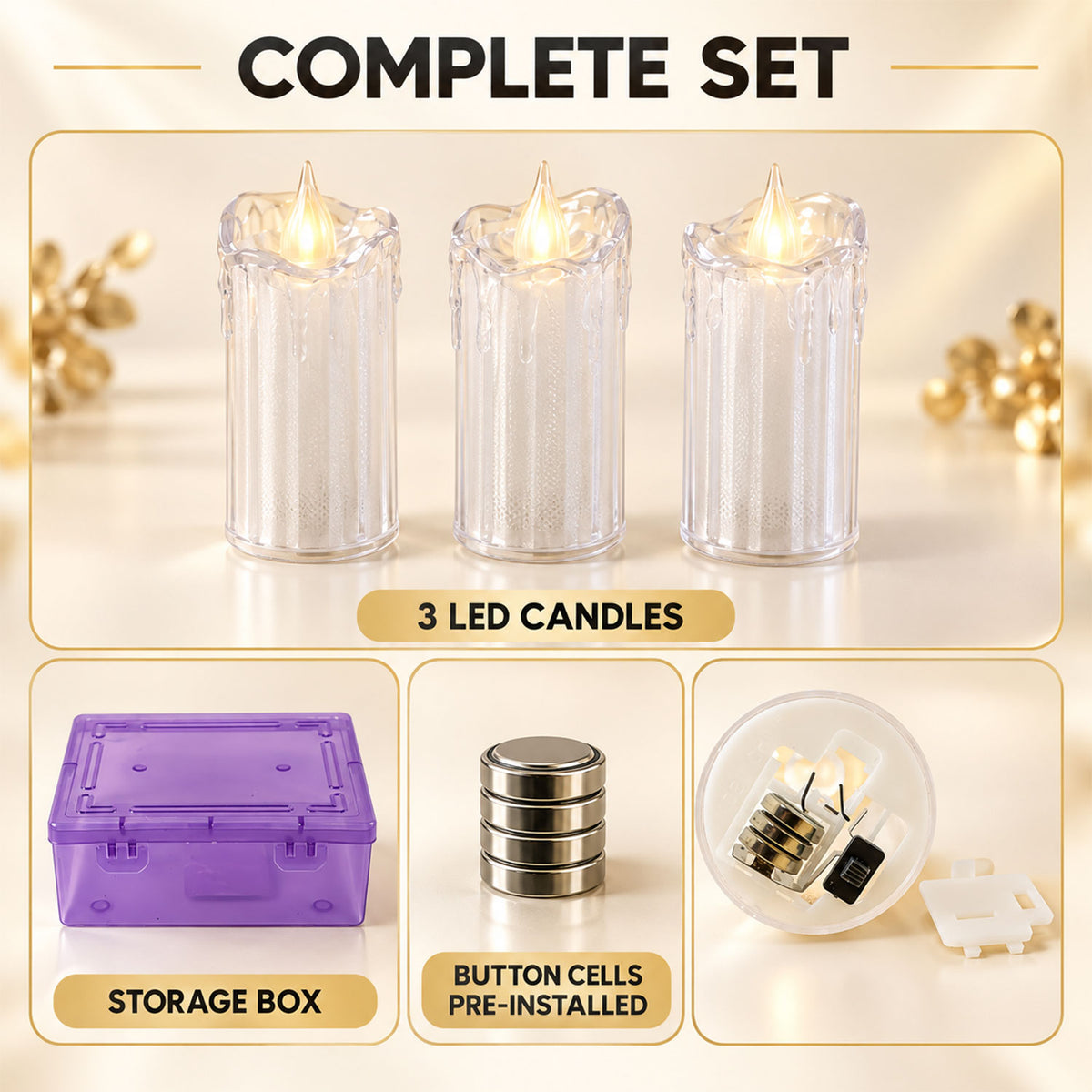 Decorative Flameless LED Candles with Warm Glow for Home and Events (3 Pc Set)