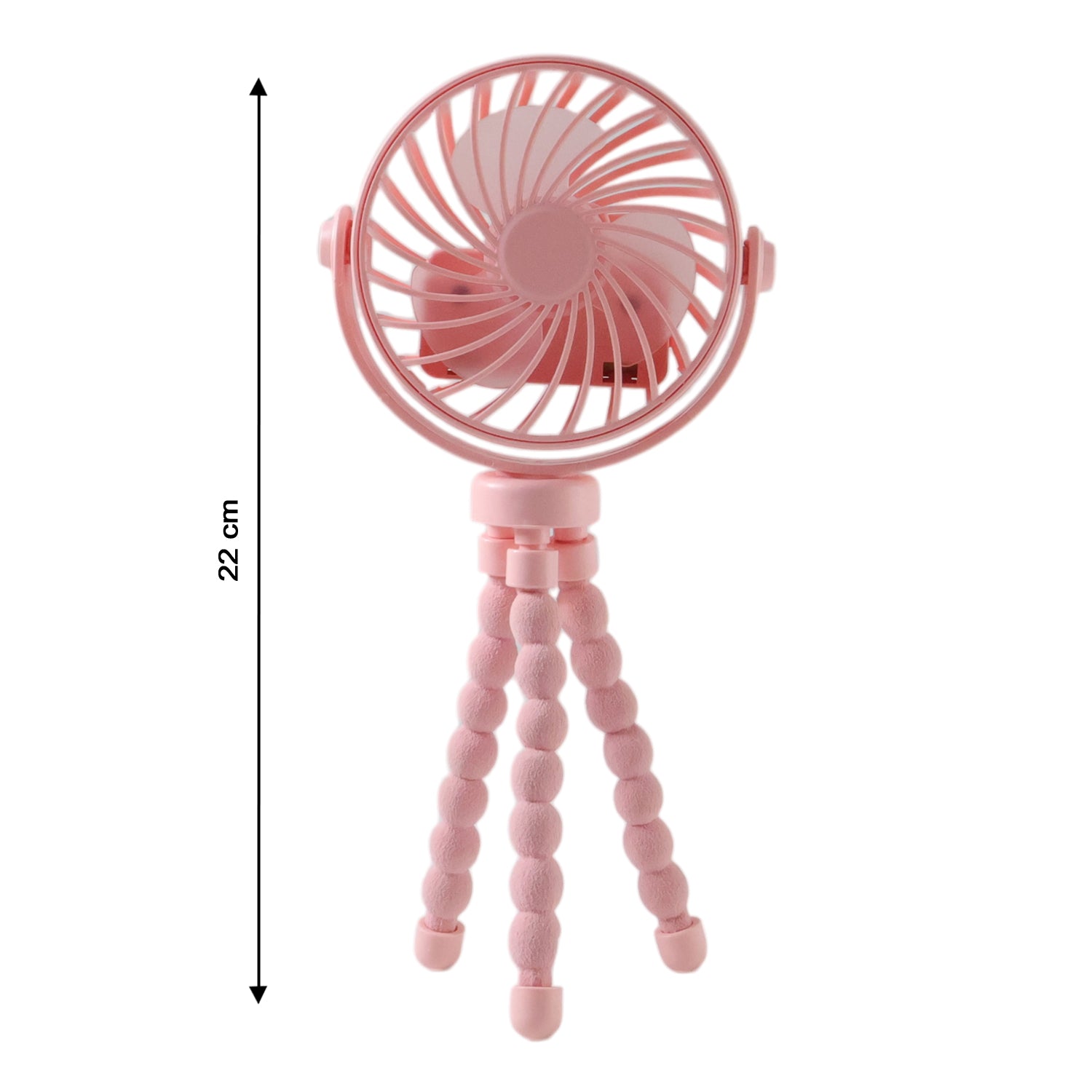Portable fan shown in use with flexible tripod stand