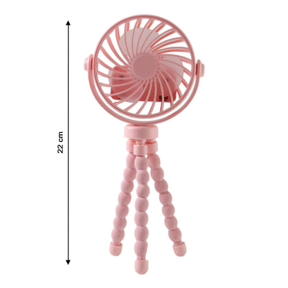 Portable fan shown in use with flexible tripod stand
