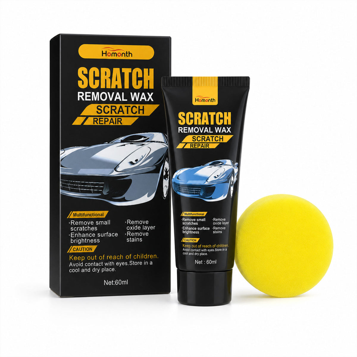 A retail box and tube of scratch removal wax with a yellow foam applicator on a white background.