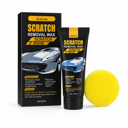 A retail box and tube of scratch removal wax with a yellow foam applicator on a white background.