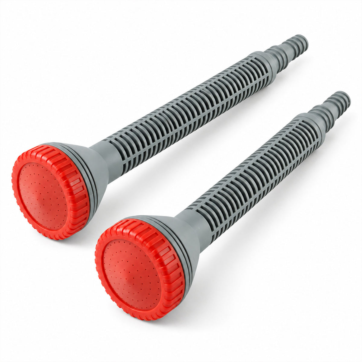 Two grey ribbed watering nozzles with red shower heads are displayed side by side on a white surface.