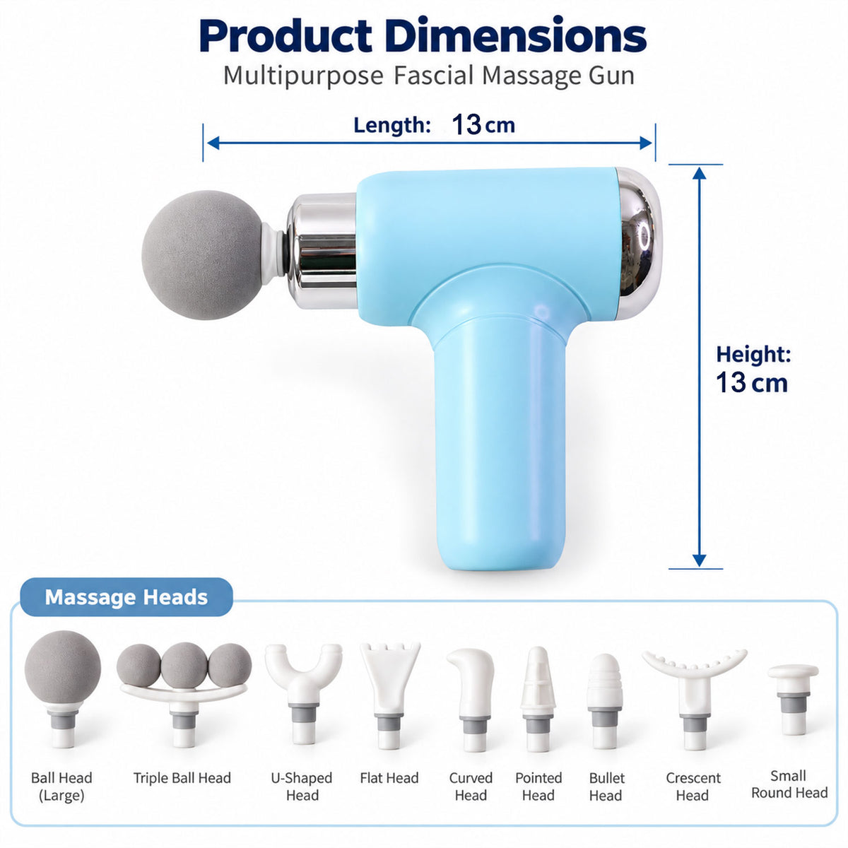 A light blue massage gun with a single grey ball head, displaying its 13cm length and height dimensions.
