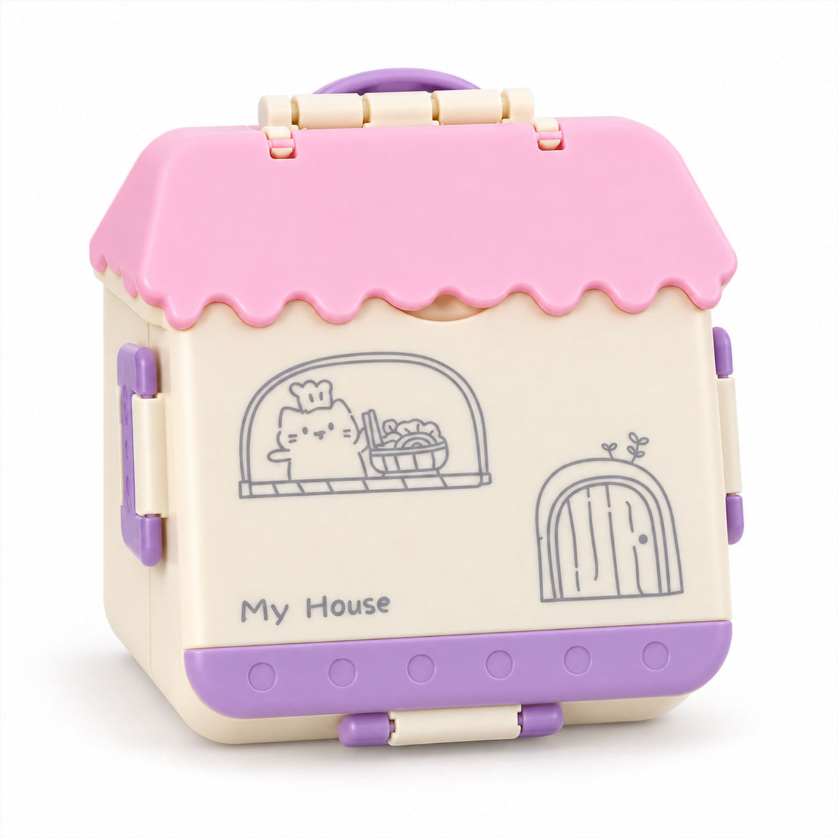 House Shape Plastic Kids Lunch Box with Handle and Spoon Fork (17 x 17 x 6.5 Cm)