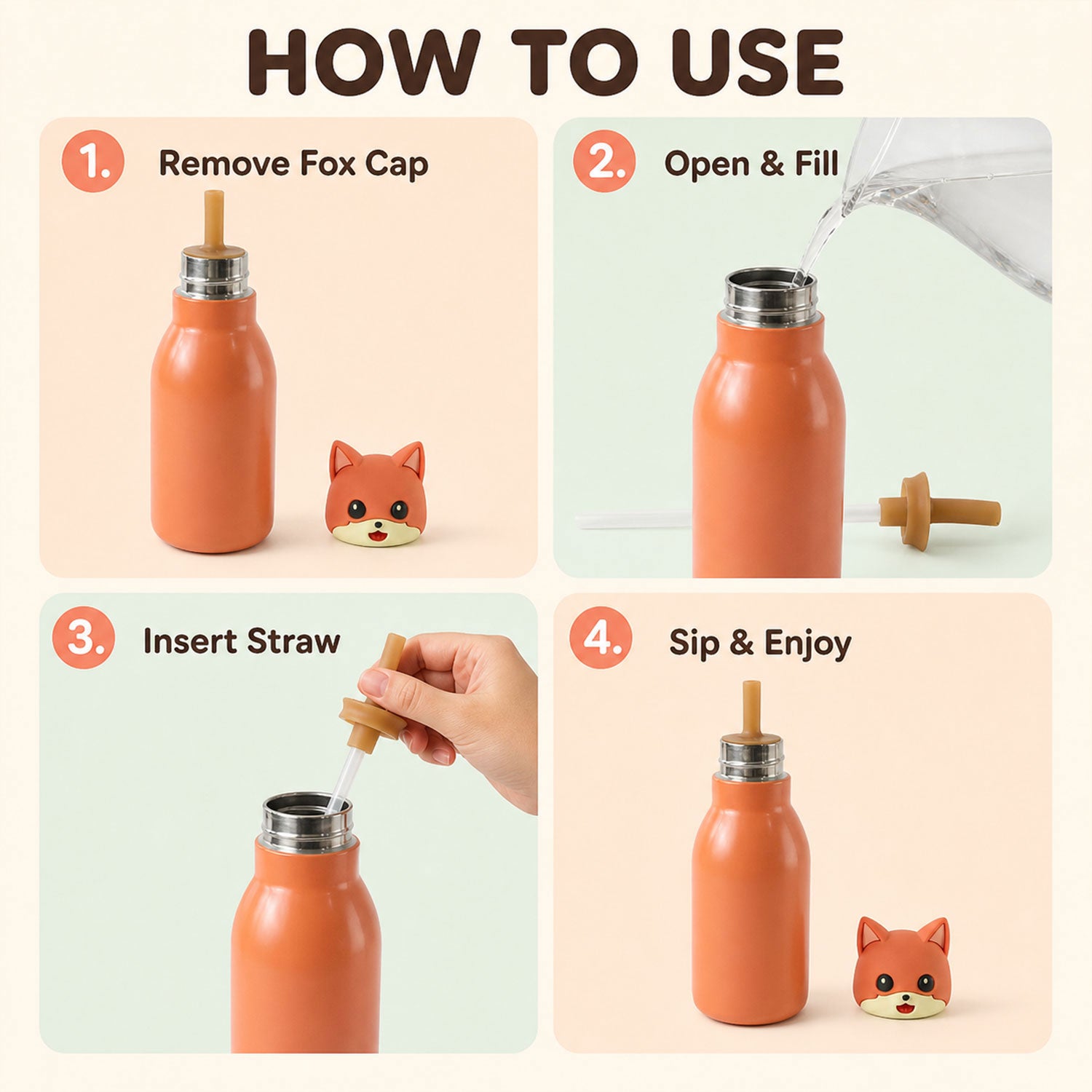 Kids Stainless Steel Vacuum Water Bottle with Straw (1 Pc 450ML, Mix Design)