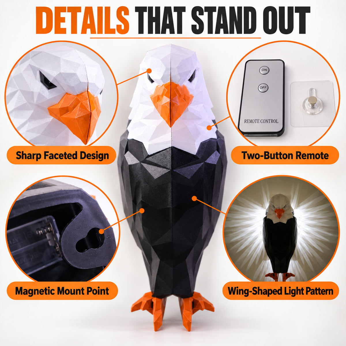 Eagle Shaped LED Ambient Wall Light with Remote and Magnetic Holder (1 Pc Set)