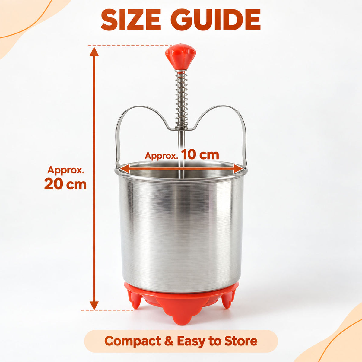 A stainless steel medu vada maker with a red handle and red base, showing approximate dimensions of 20 cm height and 10 cm