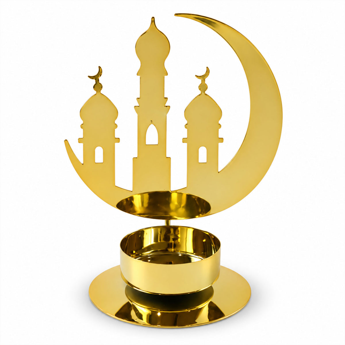 A golden metal crescent moon and mosque design incense holder on a white background.