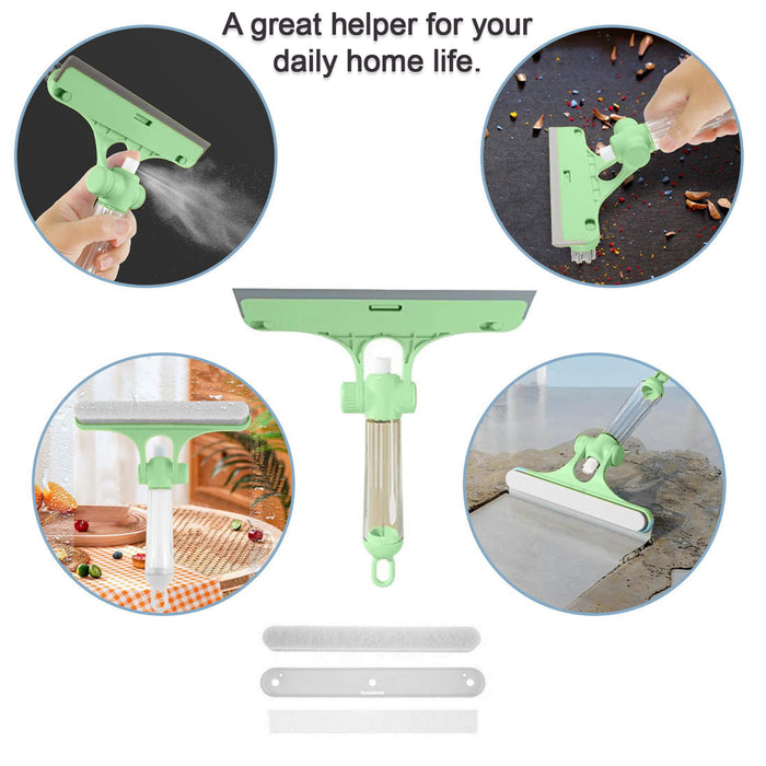 4 in 1 Multifunctional Glass Scraper, Window Glass Wiper with Watering Can, Silicon Cleaning Squeegee with Two Brush Heads, Practical Squeegee for Shower Doors, Windows, Tiles and Car Glass