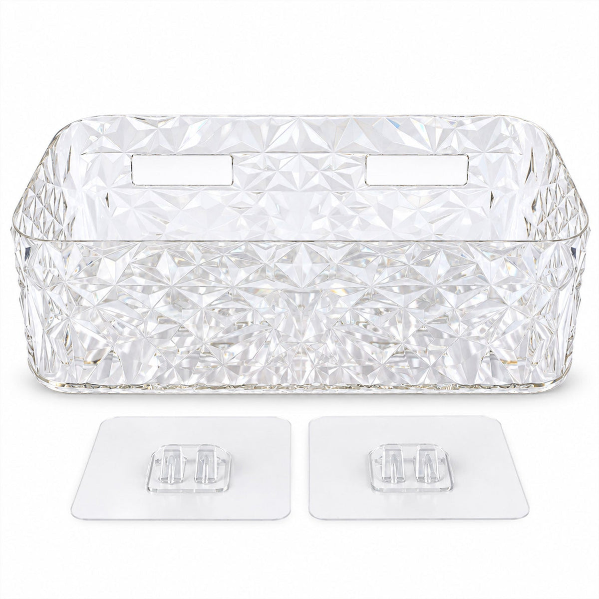 A rectangular, clear plastic organizer with a diamond pattern, shown from above, with two adhesive wall mounts beside it.