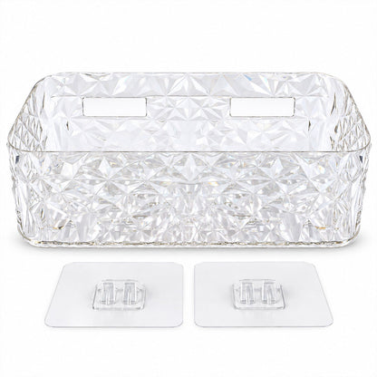 A rectangular, clear plastic organizer with a diamond pattern, shown from above, with two adhesive wall mounts beside it.