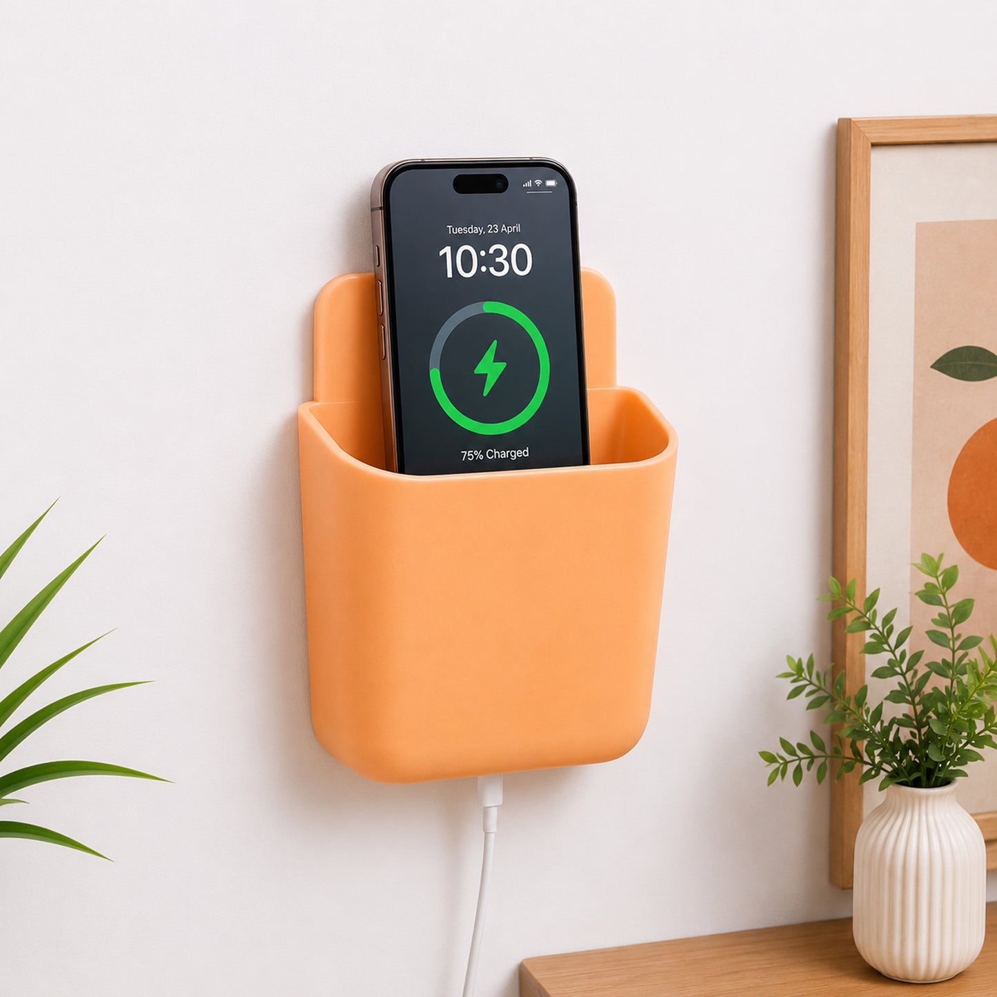 Wall Mounted Plastic Storage Pocket holding a mobile phone and remote