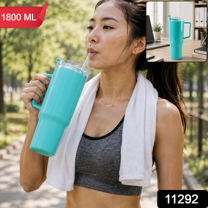 Large aqua blue water tumbler with straw and handle for fitness and travel