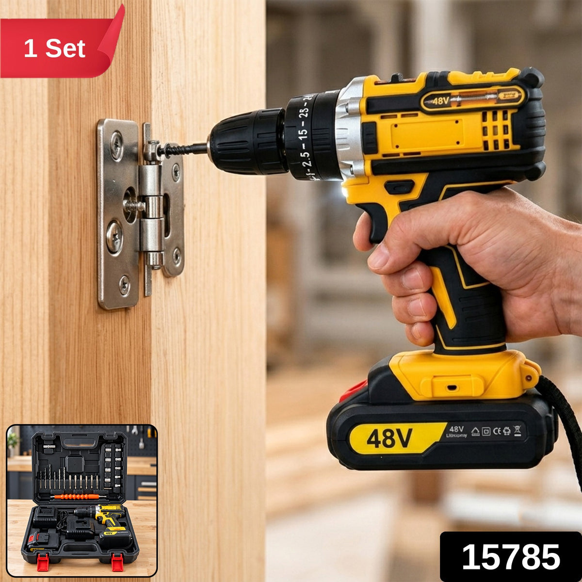 A person uses a yellow and black cordless drill on a door hinge, with a small inset showing the full kit.
