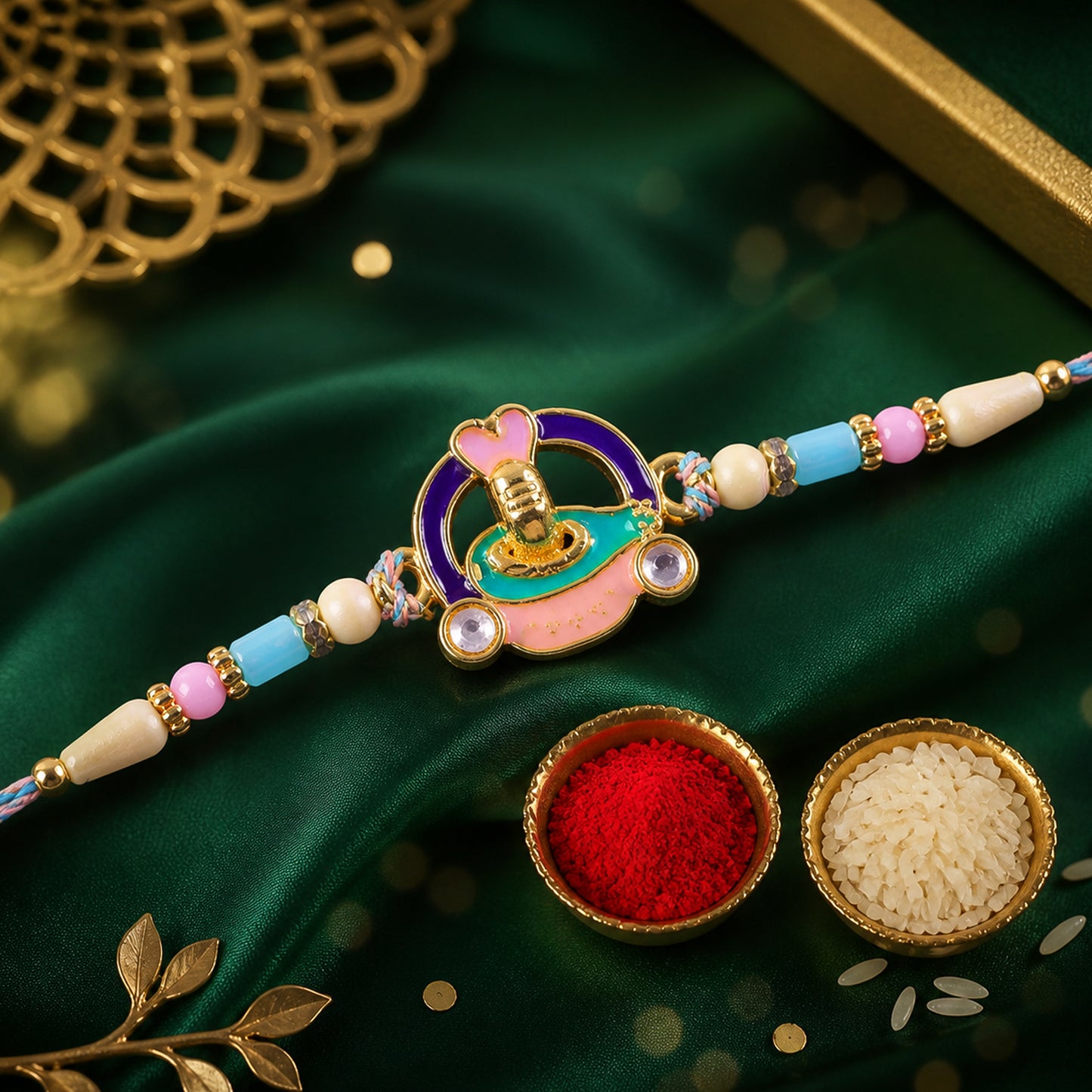 Meenakari Round Pendant Rakhi with Pastel Beads