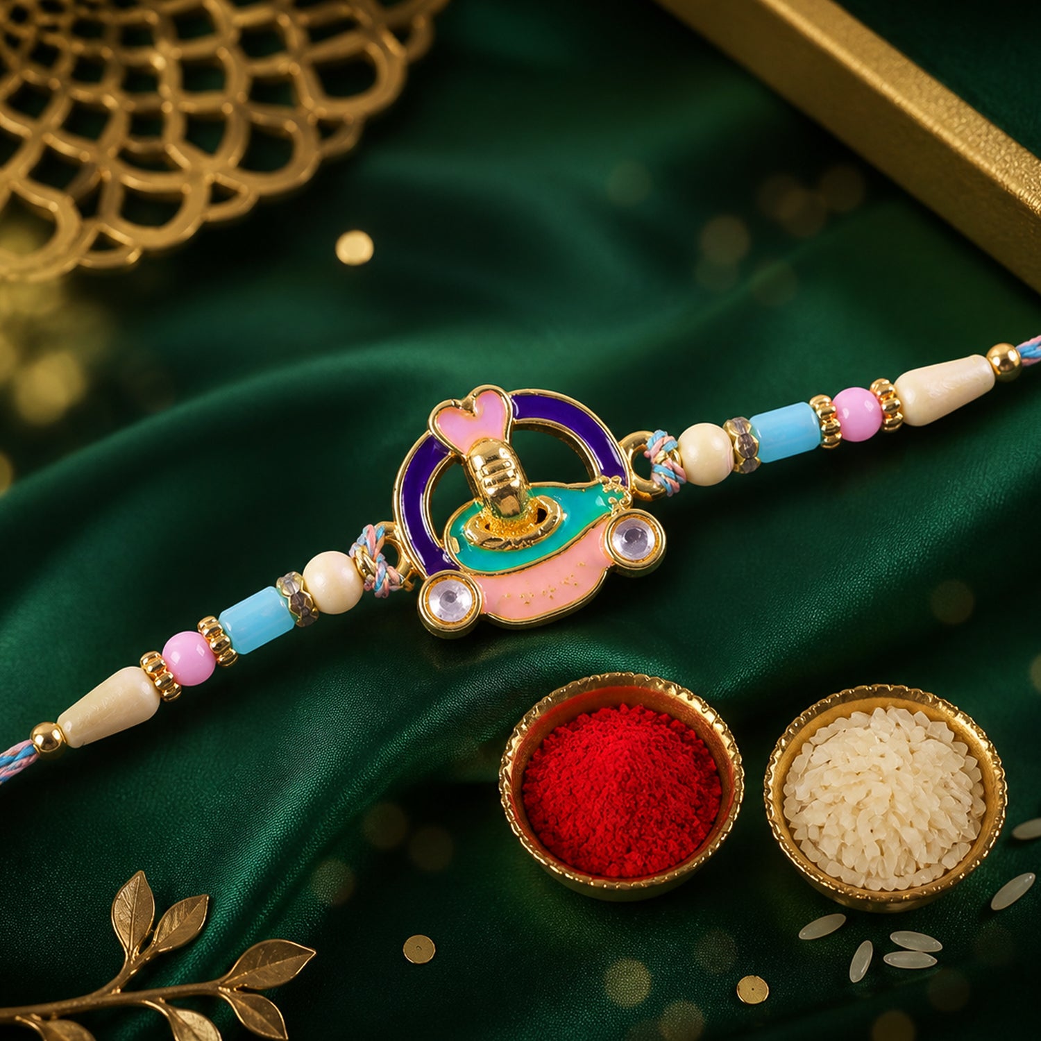 Meenakari Round Pendant Rakhi with Pastel Beads