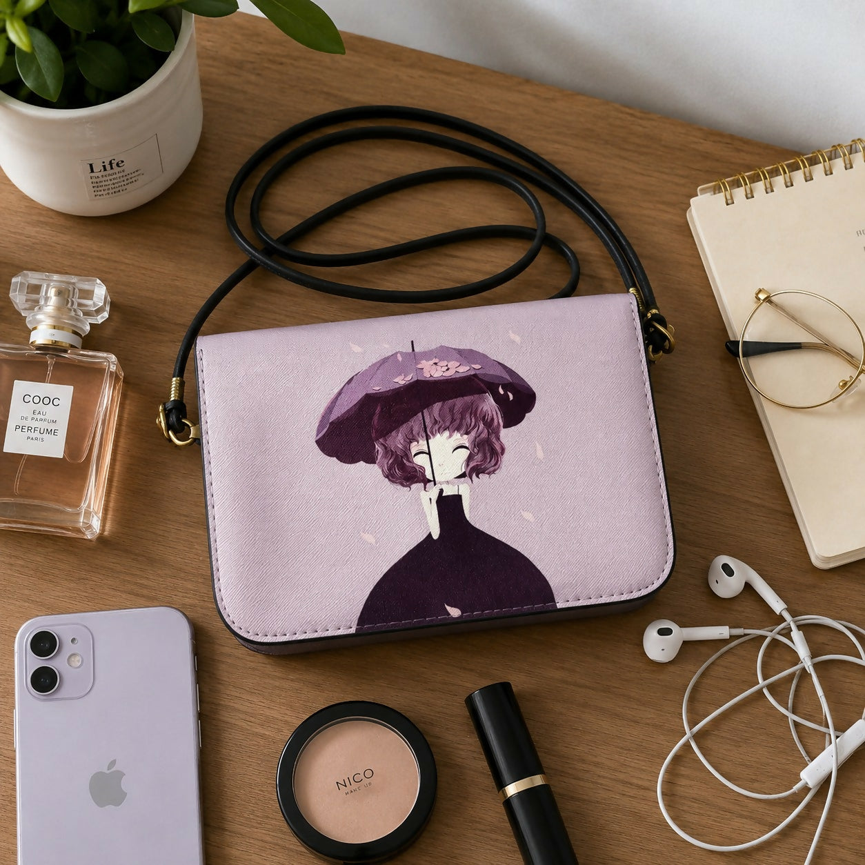 Purple sling bag with cartoon character print front view