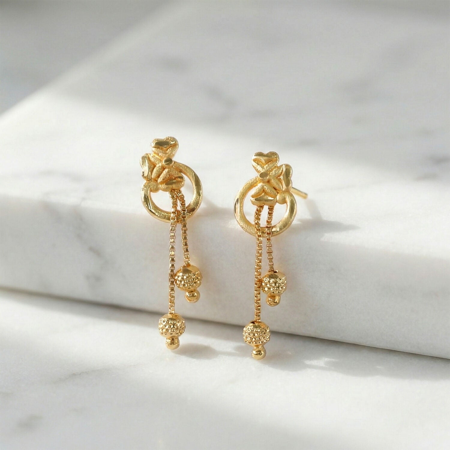 Royal Bloom Heart Drop Earrings with Triple Chain Gold Beads – Floral Statement Jewelry (2 Pair)