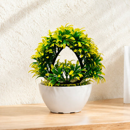 Artificial Yellow Green Arch Bonsai Plant with White Bowl Pot Home Office Decor