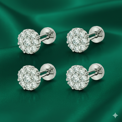 Close-up of silver plated AD flower cluster stud earrings with luminous cubic zirconia stones