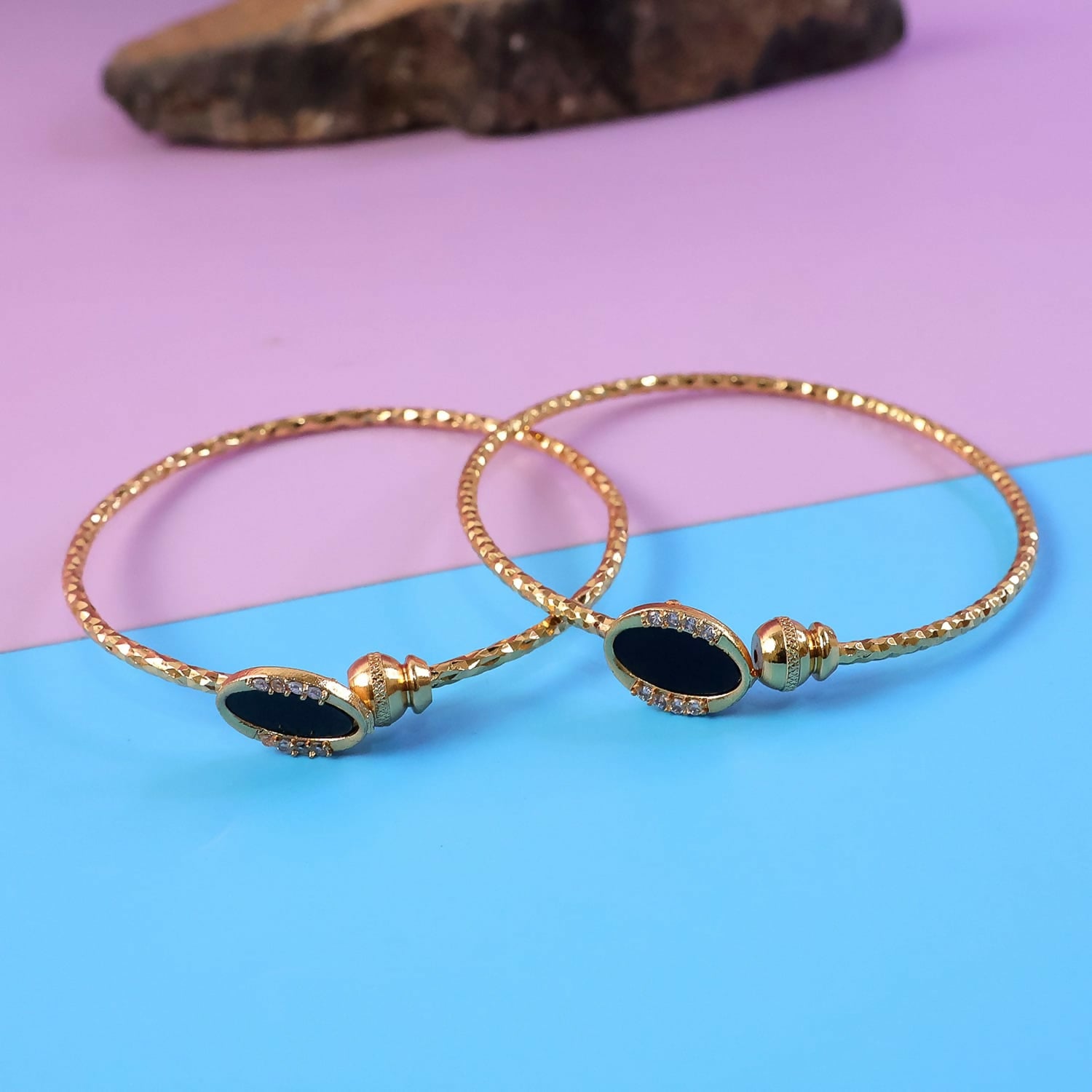 Black Stone Gold Plated Open Bangle Bracelet for Women