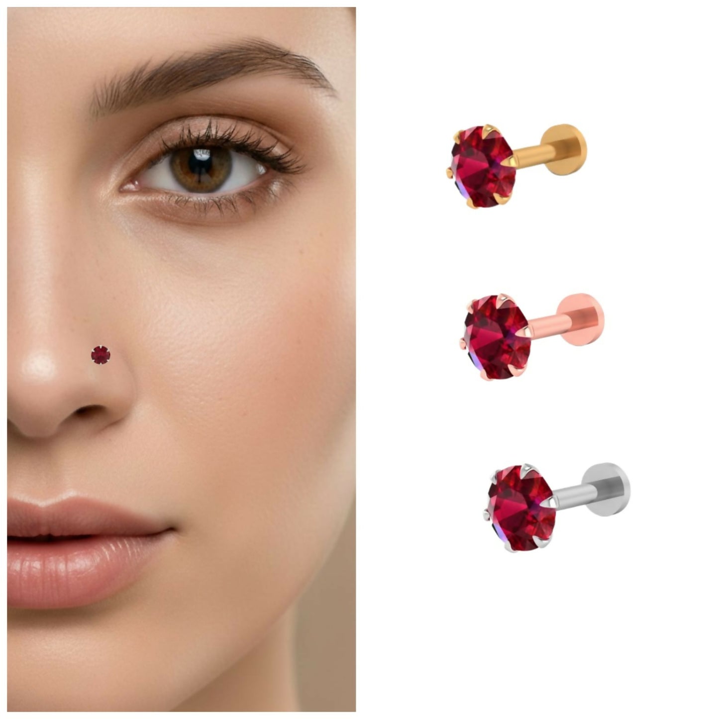 Ruby nosepin stud plated in gold with flat-back post and round red gemstone