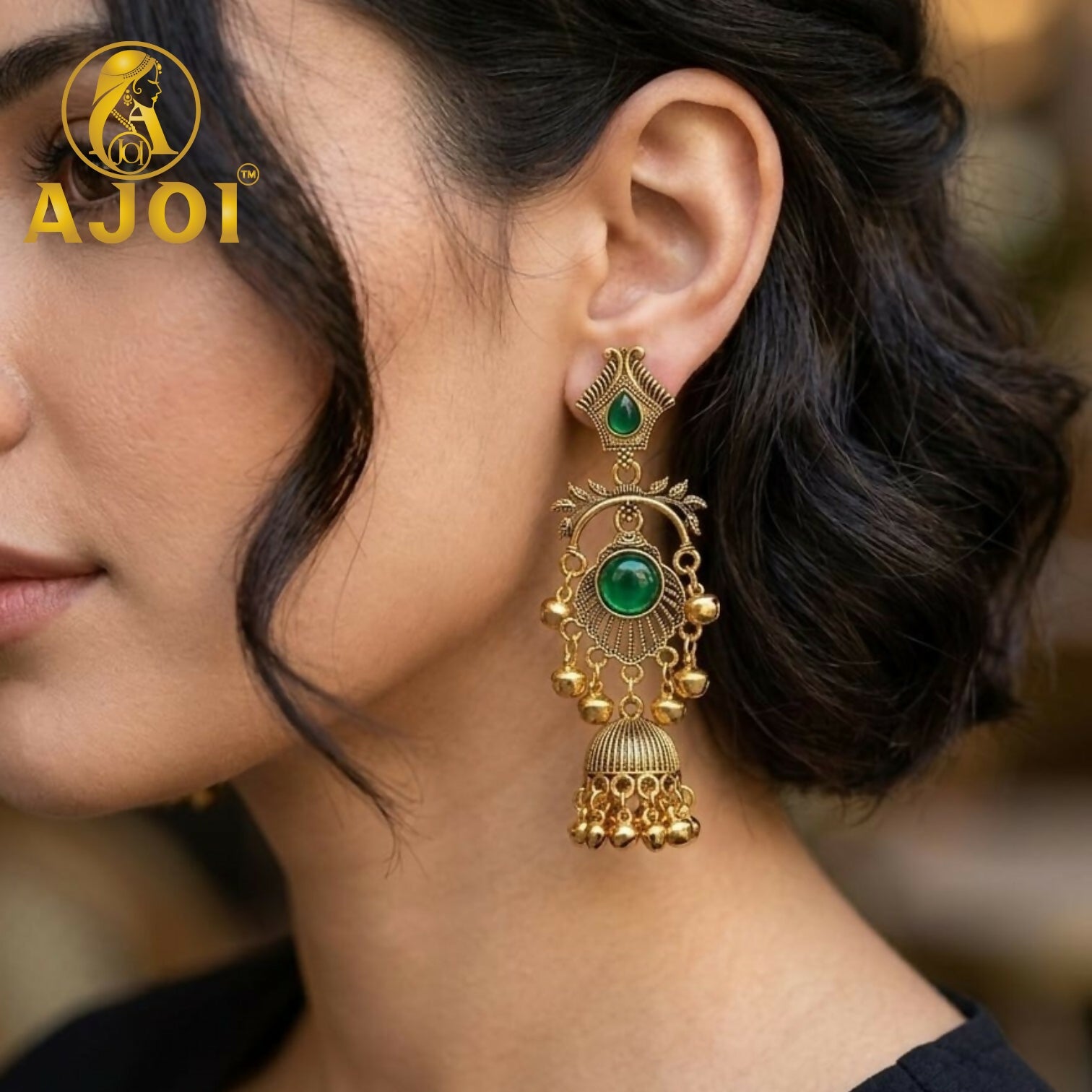 Antique Gold Plated Green Stone Traditional Jhumka Earrings for Women