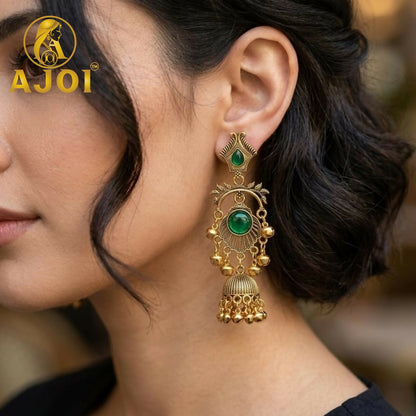 Antique Gold Plated Green Stone Traditional Jhumka Earrings for Women