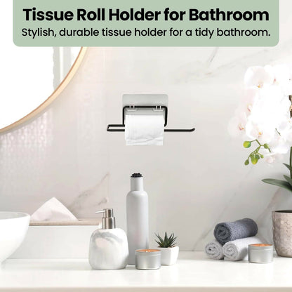 Black metal paper towel holder mounted on a white marble wall, holding a roll of toilet paper.