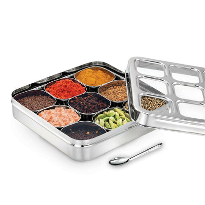 Compact rectangular stainless steel masala dabba fitting kitchen cabinet