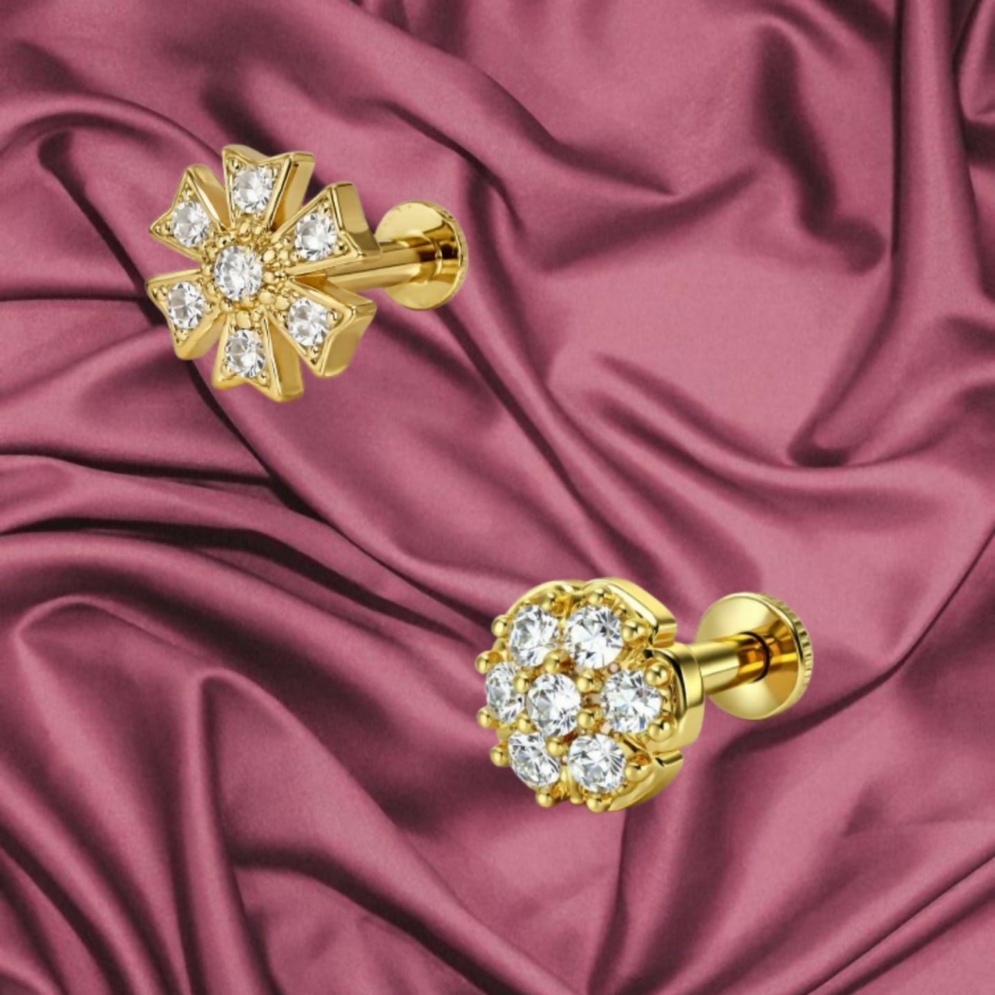Close-up view of gold plated flat back starburst nose stud sparkling in light