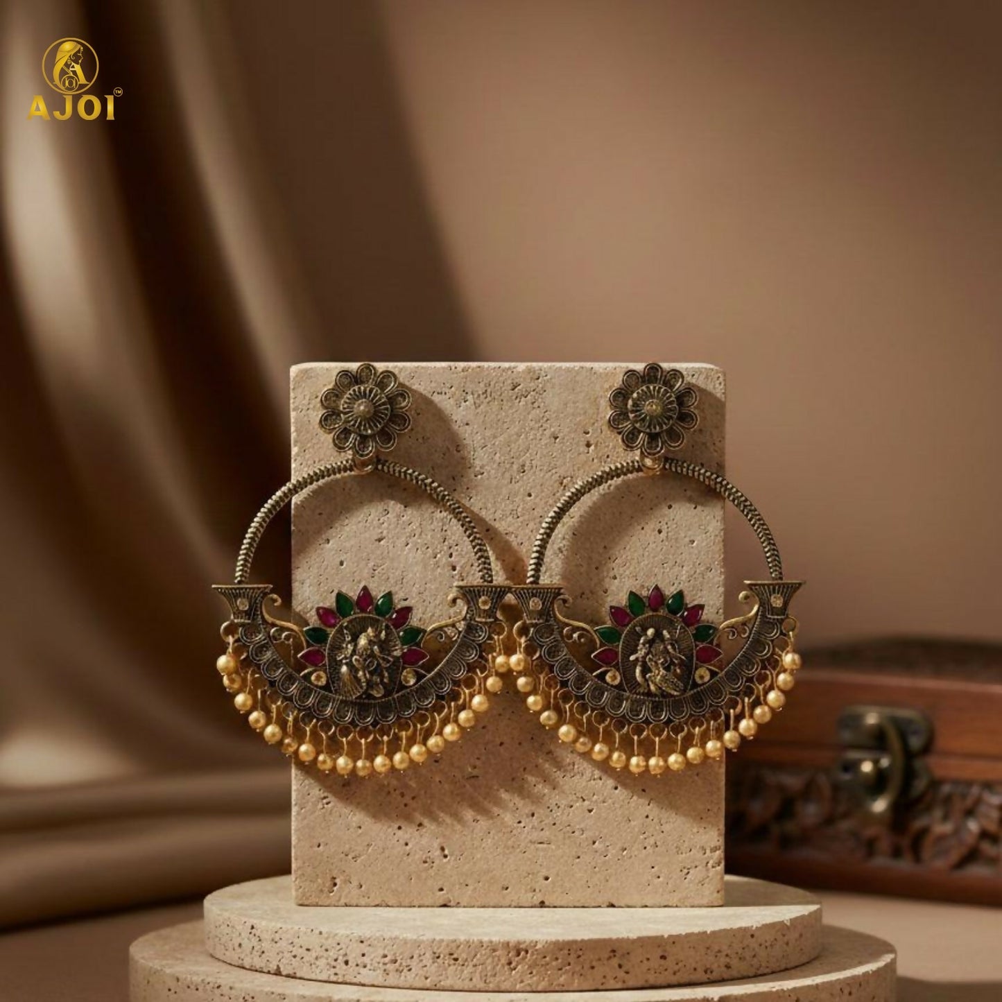 Radha Krishna Central Goddess Chandbali Earrings