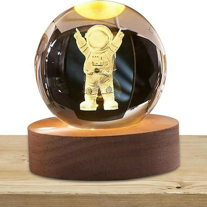 3D Crystal Astronaut Night Lamp with Wooden Base, USB Powered Decorative Light