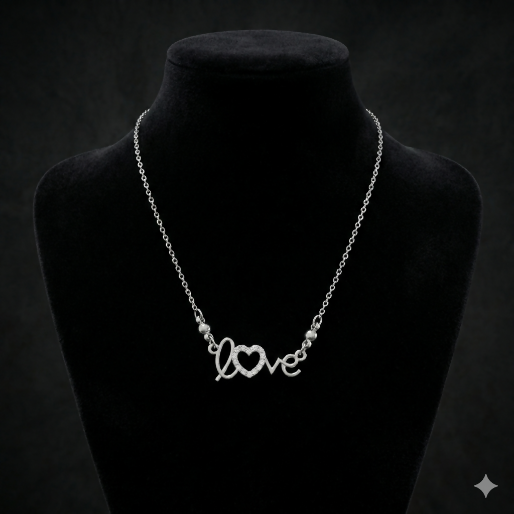 Elegant silver rhodium pendant necklace with sparkling heart and love design