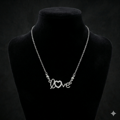 Elegant silver rhodium pendant necklace with sparkling heart and love design