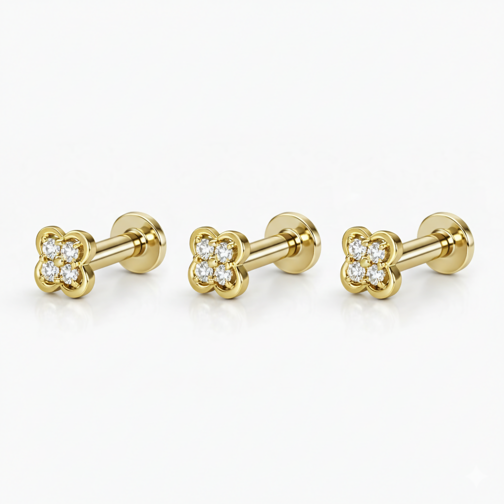 Side view of four-leaf clover flat back stud highlighting craftsmanship and gold plating