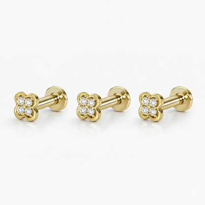 Side view of four-leaf clover flat back stud highlighting craftsmanship and gold plating