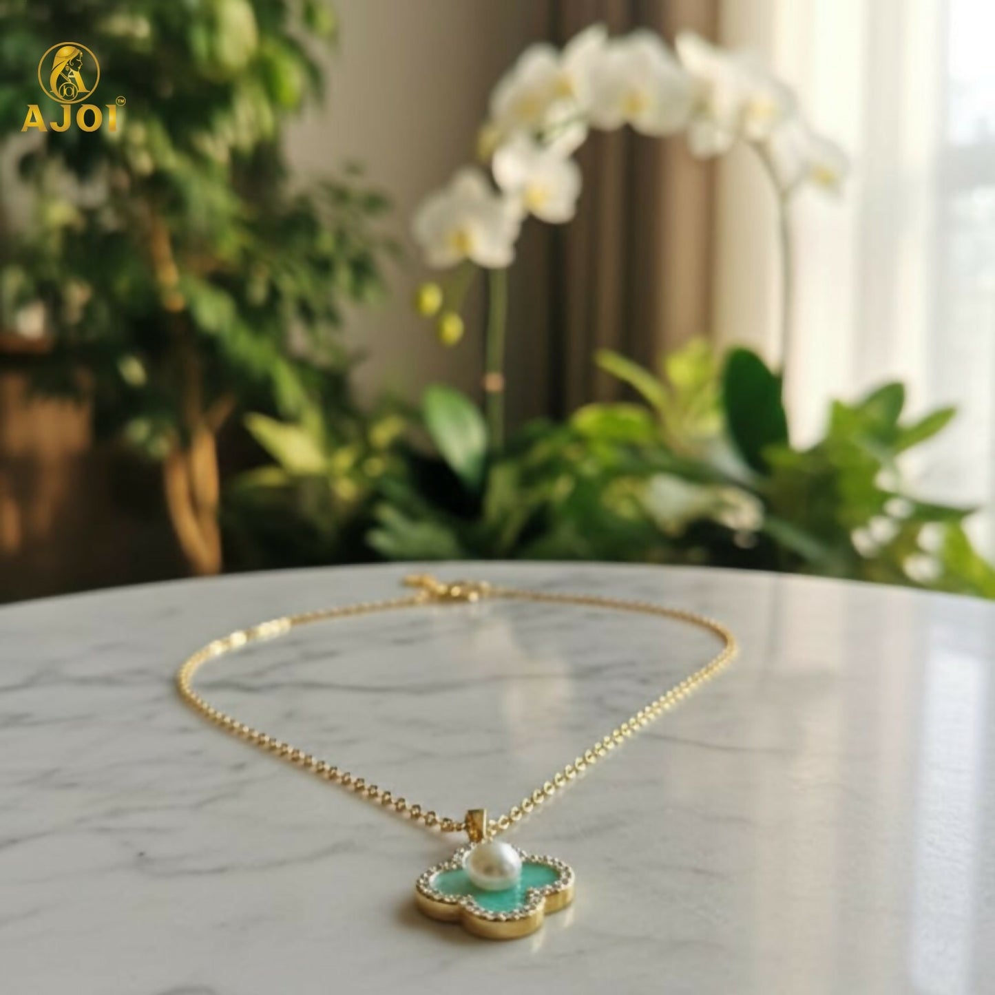 Elegant Gold Plated Floral Pendant Necklace with Pearl & Mint Enamel for Women