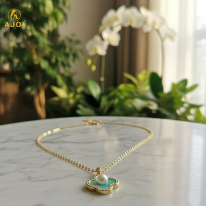Elegant Gold Plated Floral Pendant Necklace with Pearl & Mint Enamel for Women