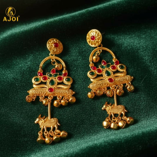 Antique Gold-Plated Red & Green Stone Tribal Drop Earrings with Cow Earrings