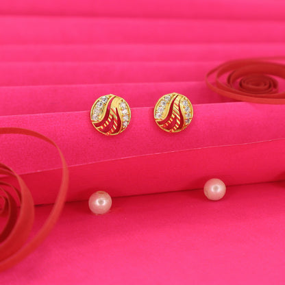 Gold Plated AD Stud Earrings -Round Leaf Design for women and girls