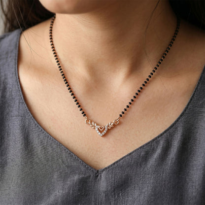 Rose Gold Finish Heart & Wheat Leaf V-Drop CZ Pendant Mangalsutra