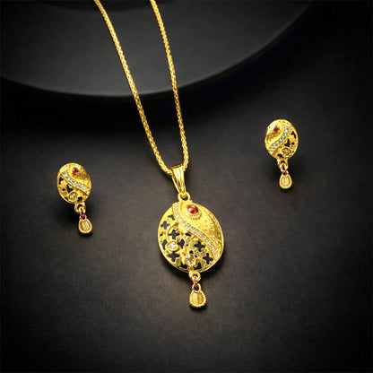 Oval Motif Gold Pendant and Earring Set Elegant Traditional Jewelry Set for Women