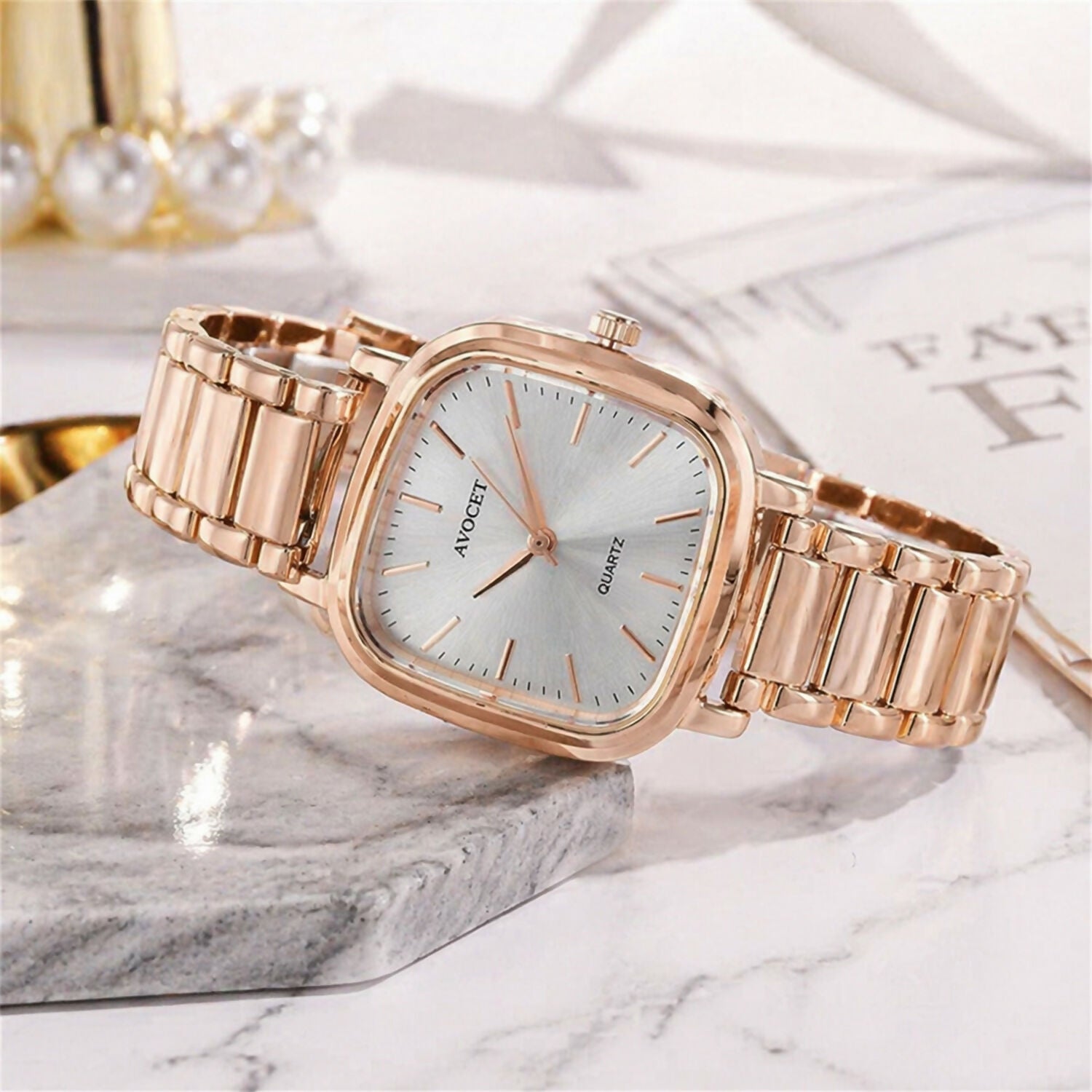 Stylish Rose Gold Square Dial Analog Women’s Watch with Metal Strap