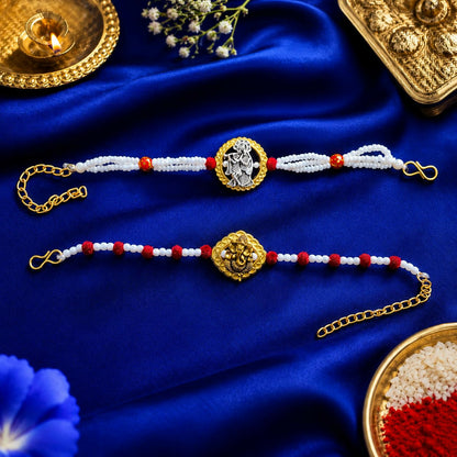 Premium Radha Krishna & Ganesh Designer Rakhi Set with Pearl Beads for Bhai - 2 rakhi front view for festive gifting