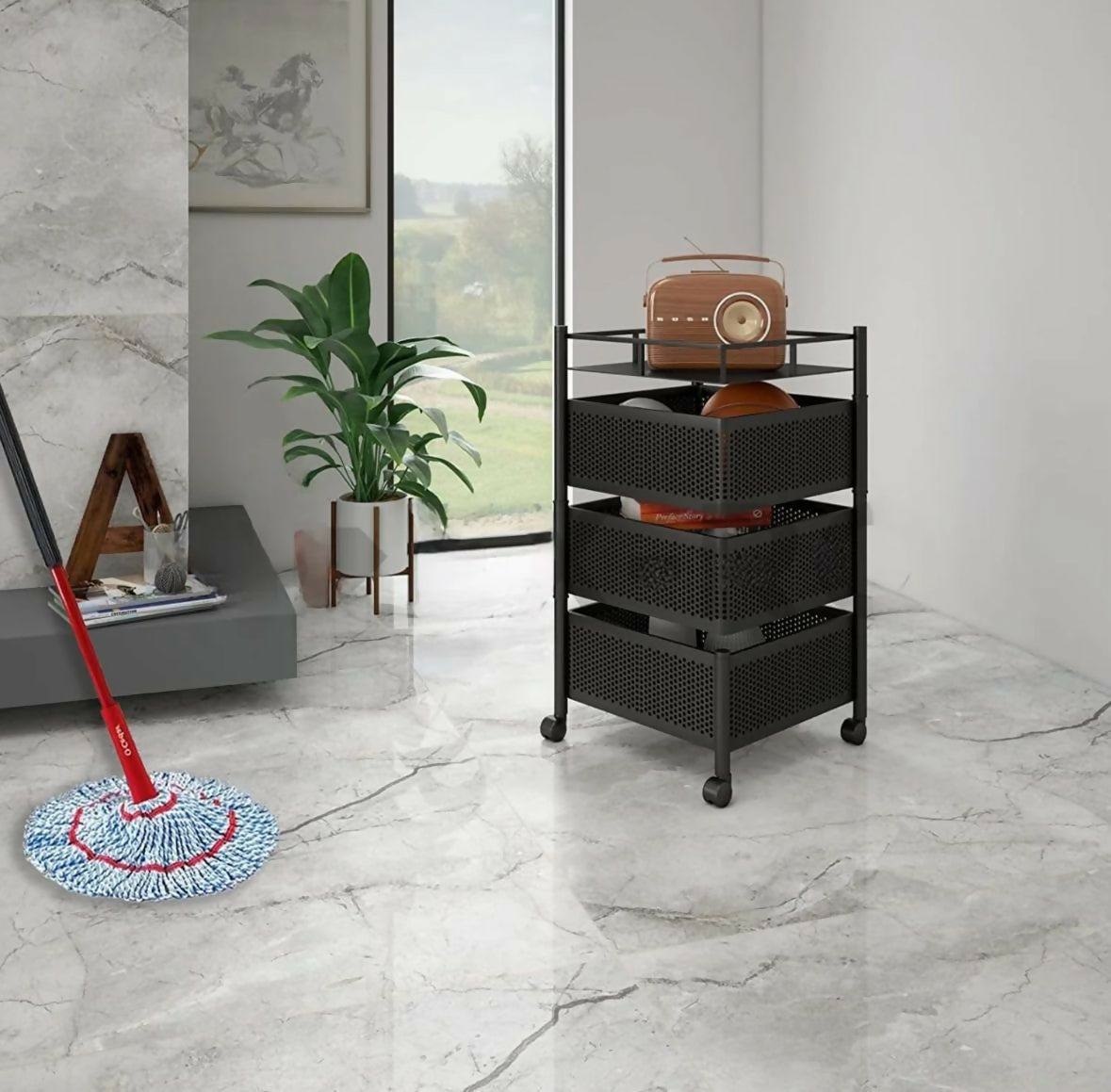 Kitchen trolley with three ventilated baskets and four wheels