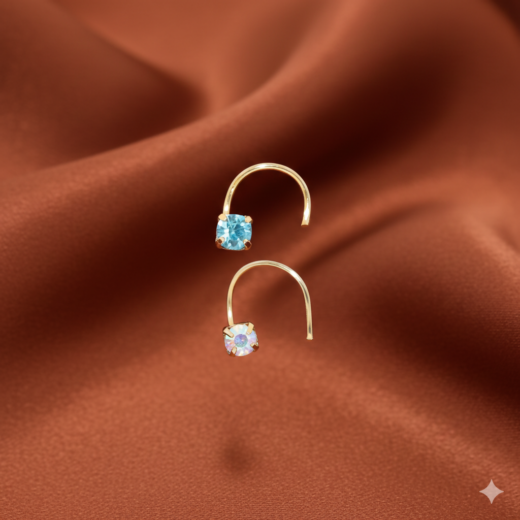 Gold plated crystal nose pin set featuring lavender and clear stones