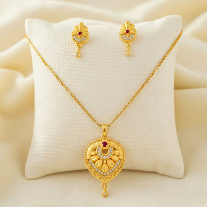 Gold Plated Floral Heart Pendant Necklace and Earring Set with Ruby & White Stone Accents